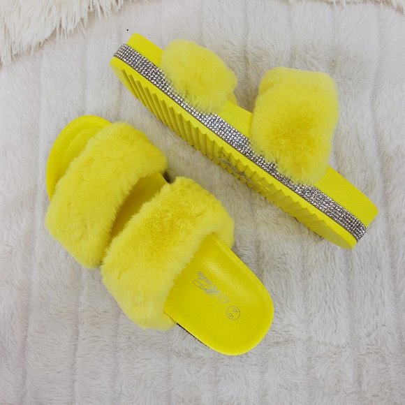 Fur Baby Yellow Soft Furry Double Band Slip on Rhinestone Trim Sandals Slippers - Picture 6 of 14